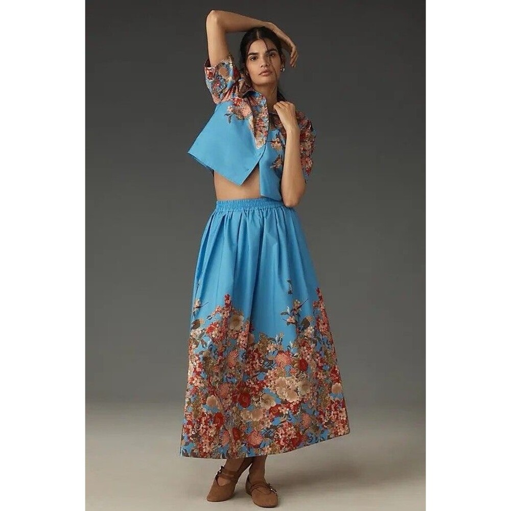 Anthropologie Maeve SET Pull-on Circle Skirt & Button Down Top Blue Floral Sz XL